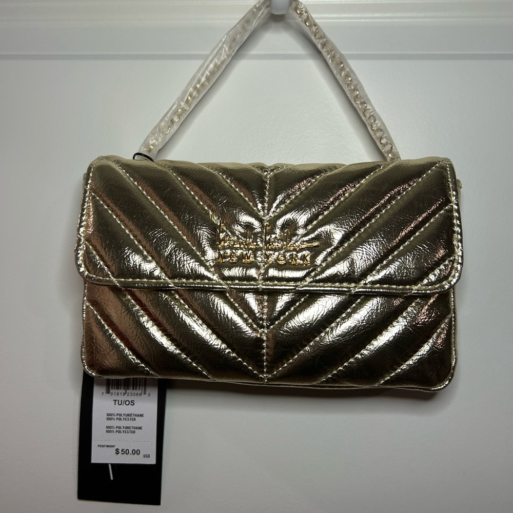 Nicole Miller Shoulder Bag Gold Quilted Logo Chain Strap Crossbody Purse New NWT